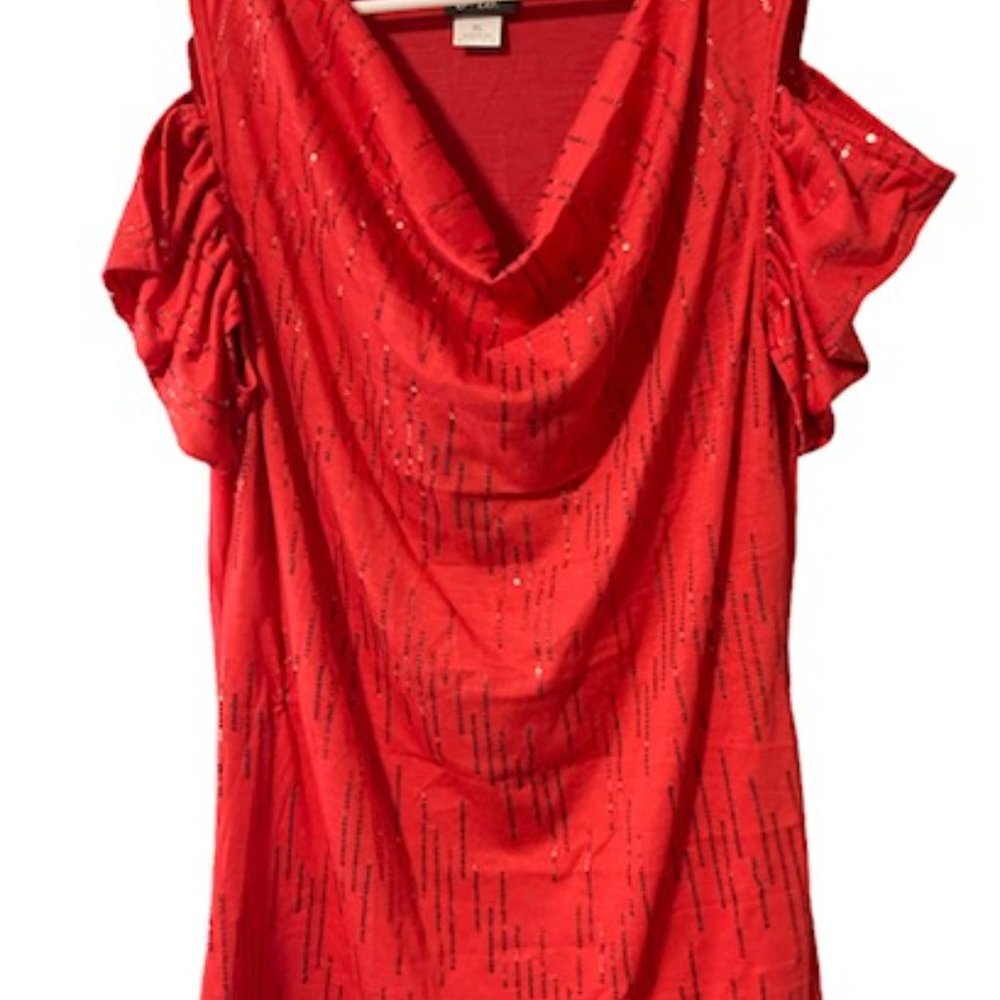 Dots Cold Shoulder Red Blouse Cowl Neck Sequined XL